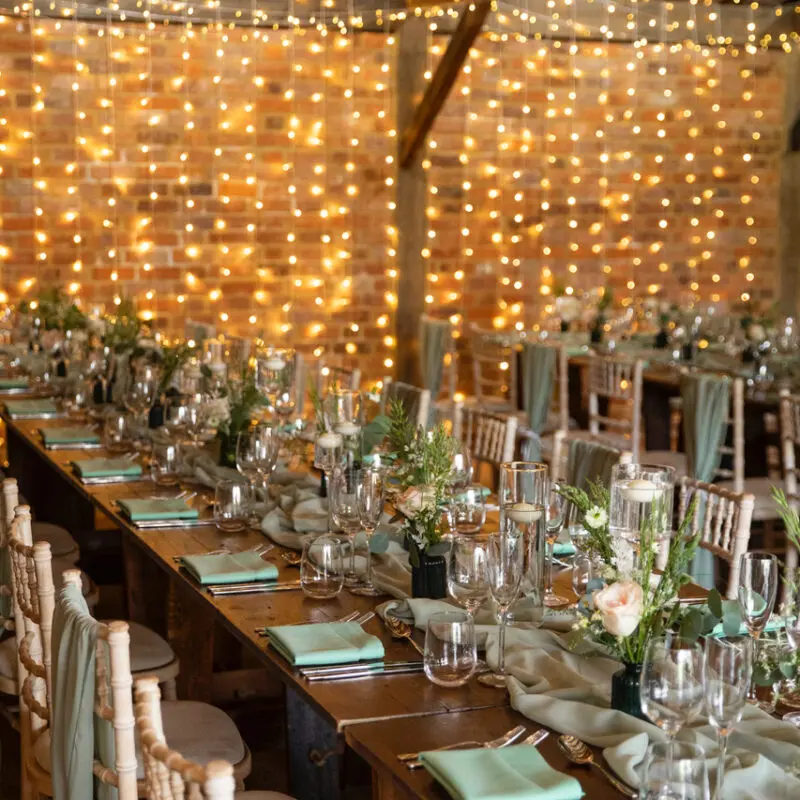 wall hanging fairy lights at wedding venue