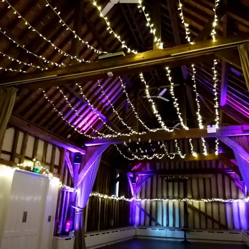 Fairy lights over beams at The Olde Bell, Hurley