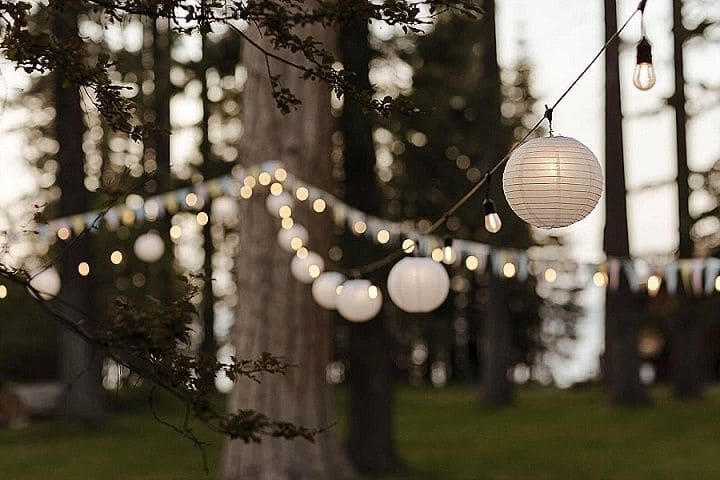 mini hanging paper lanterns roping from tree to tree