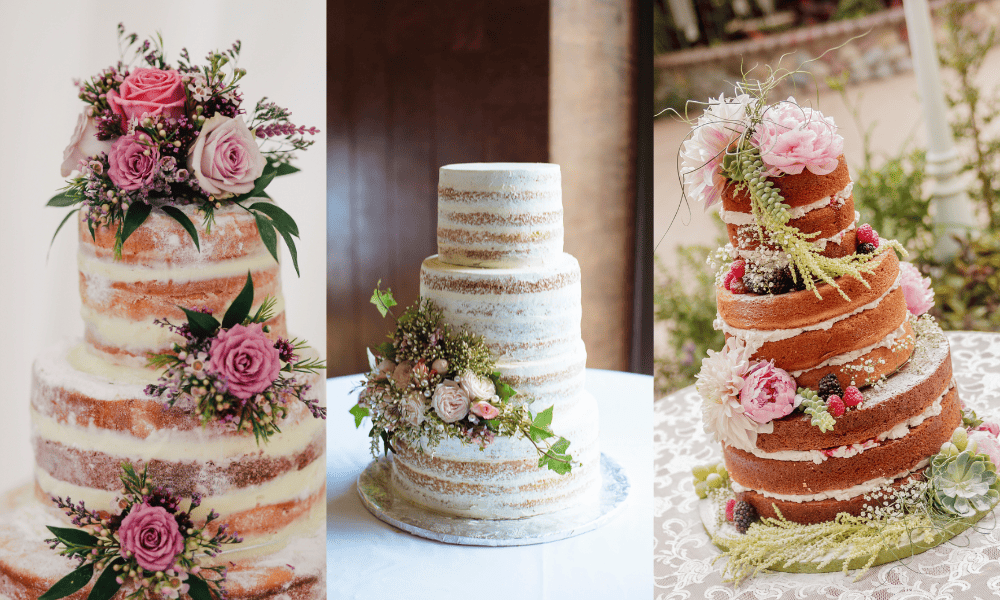 "A trio of rustic, semi-naked tiered cakes adorned with fresh flowers in pink, white, and green, displayed on individual cake stands, each with a slightly different floral decoration.