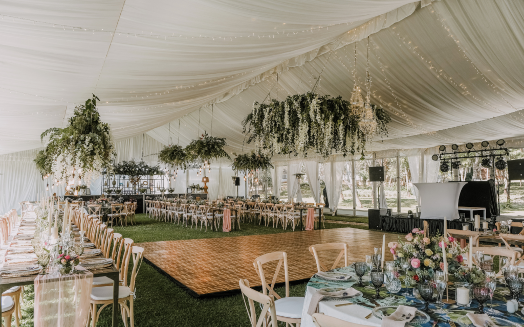 Decorated party tent for wedding reception
