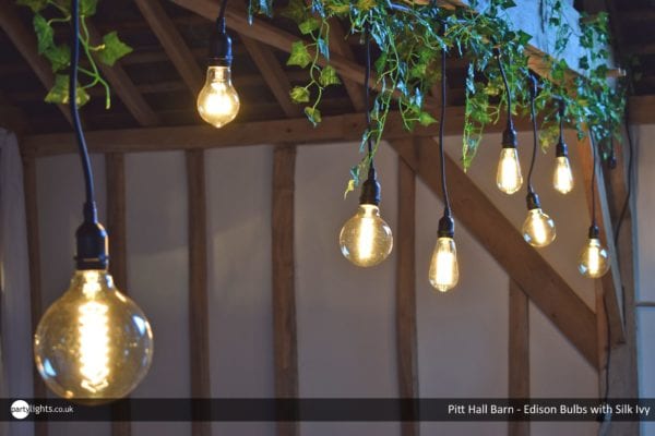 Staggered Edision Bulbs with silk ivy at Pitt Hall Barn