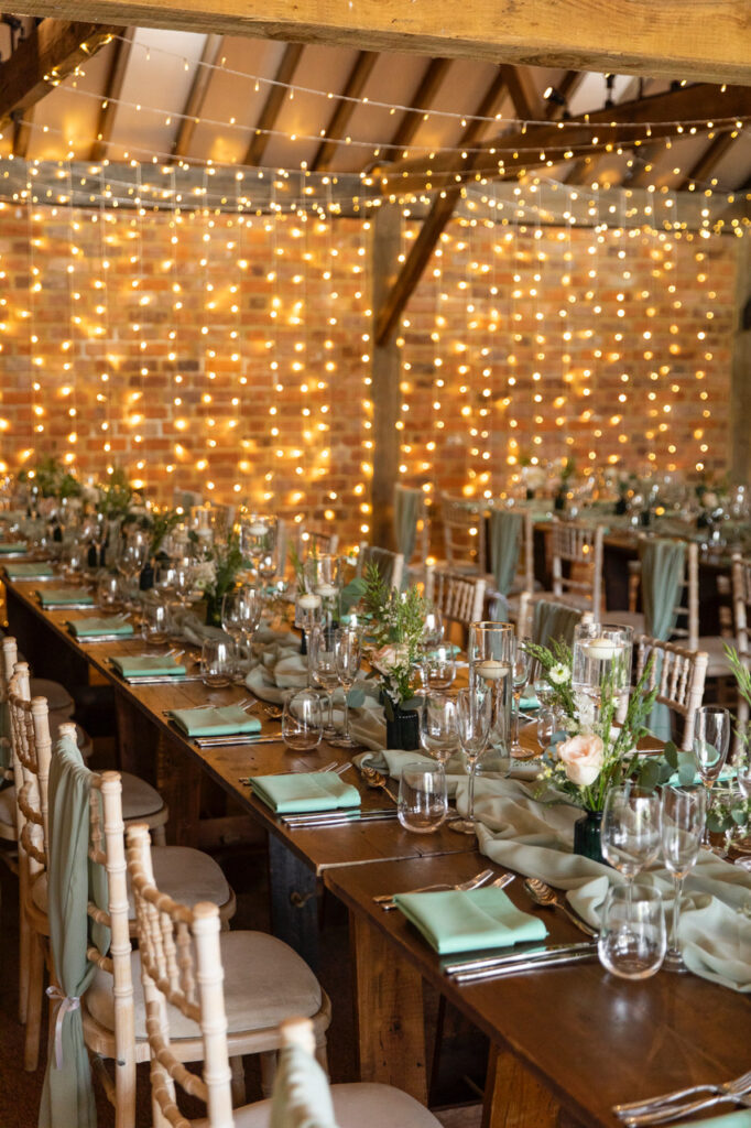 wall hanging fairy lights at wedding venue