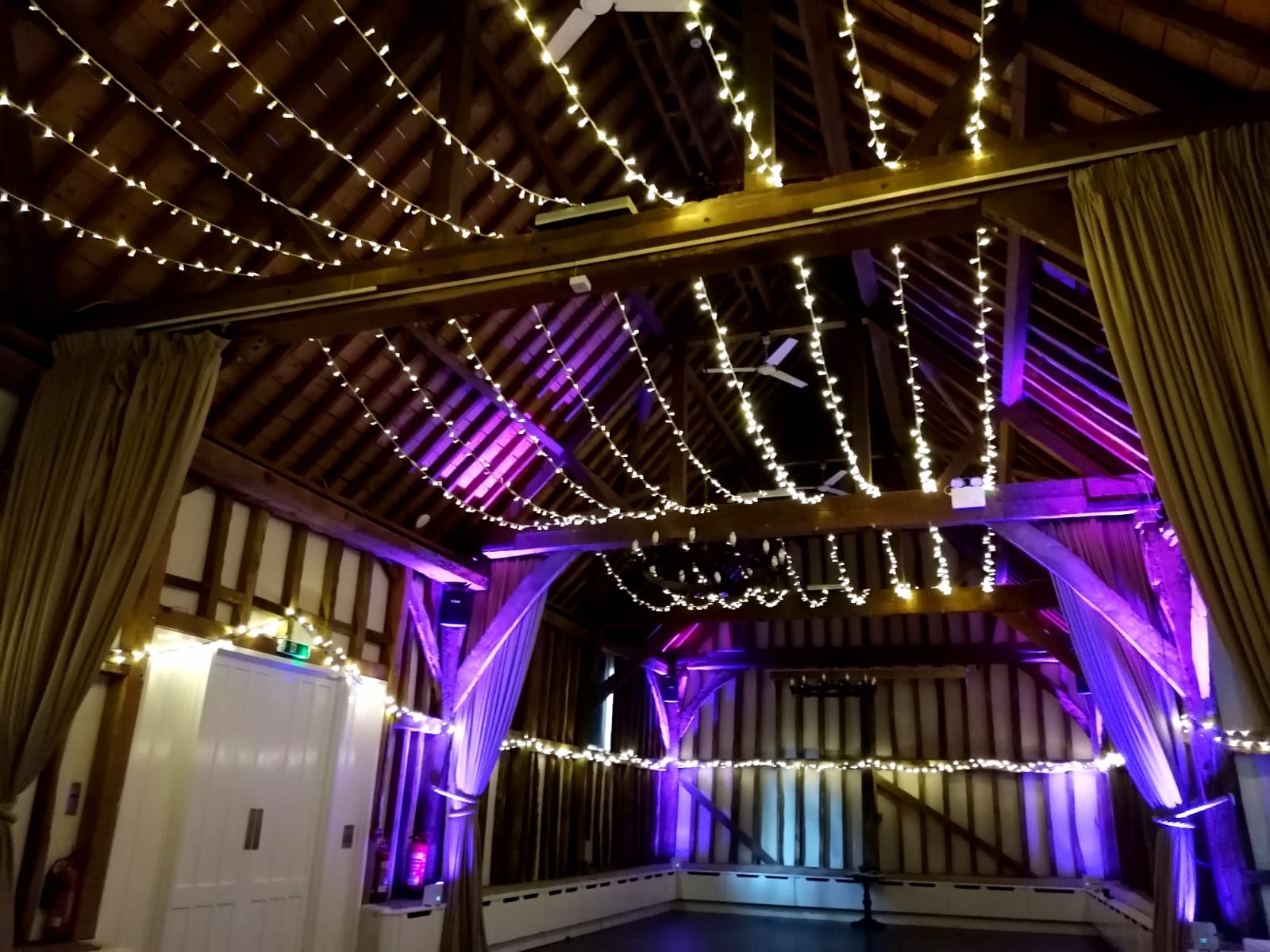 Fairy lights over beams at The Olde Bell, Hurley