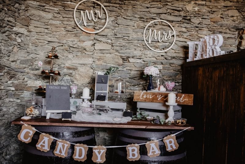 Wedding candy bar with sweet treats in a rustic style