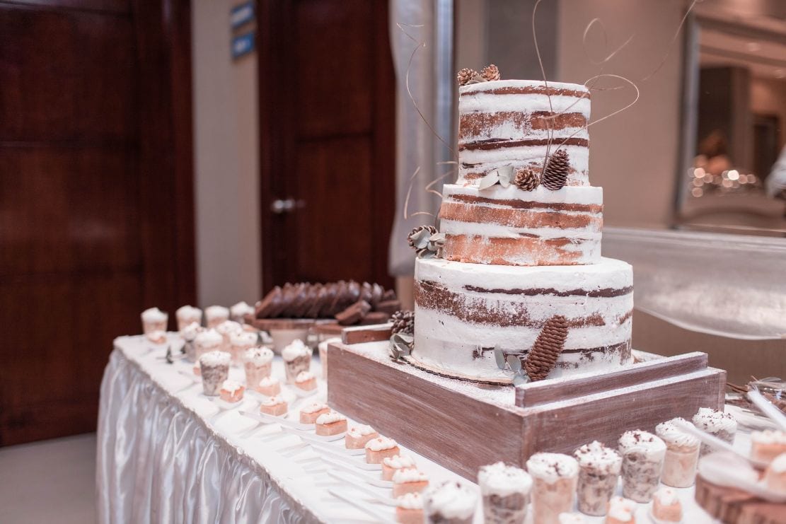 Rustic wedding cake with simply finished icing and pine cones