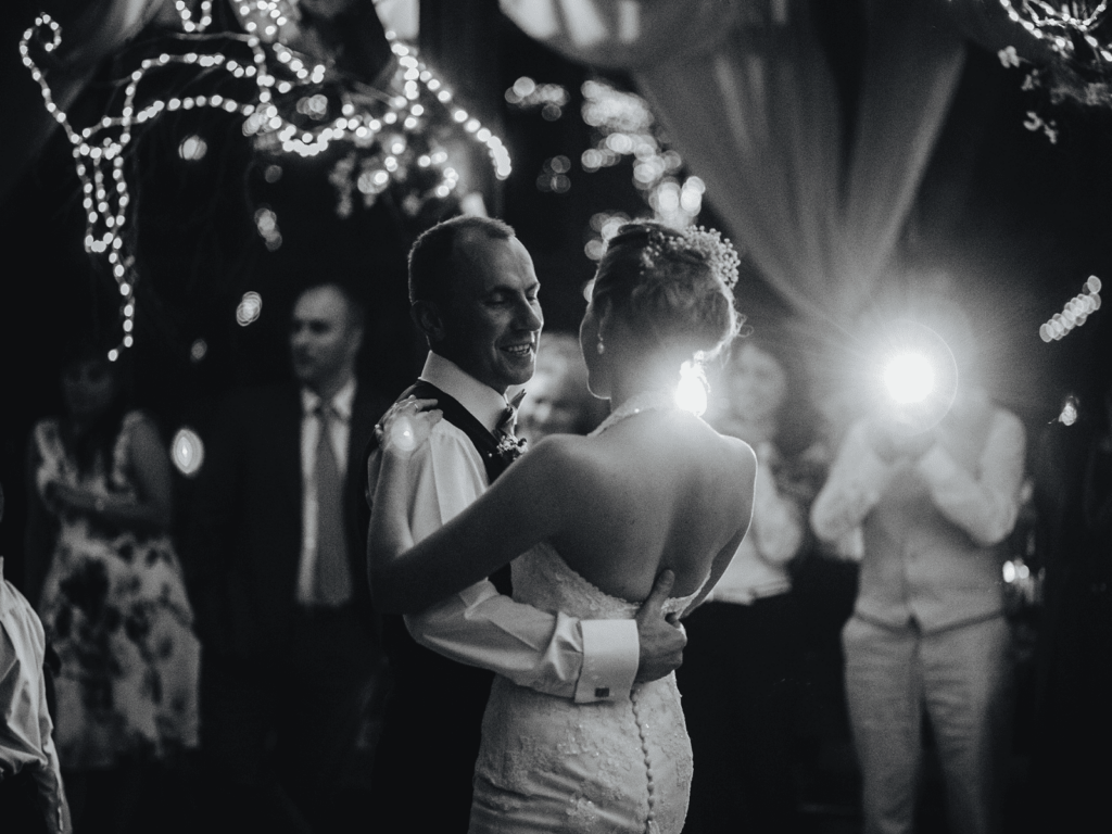 wedding dance fairy lights in black and white